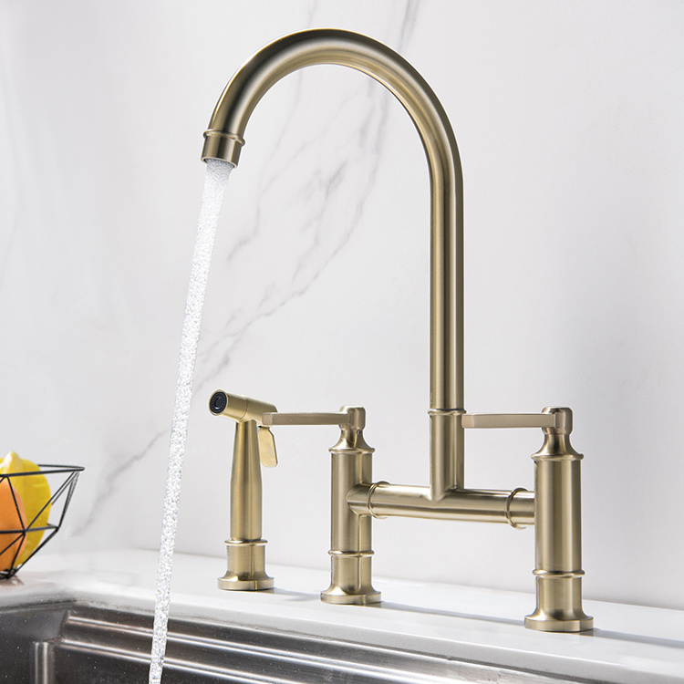 gold brushed brass tapware 2 handle kitchen faucet with sprayer bridge kitchen faucet hot and cold 3 mode sink faucet