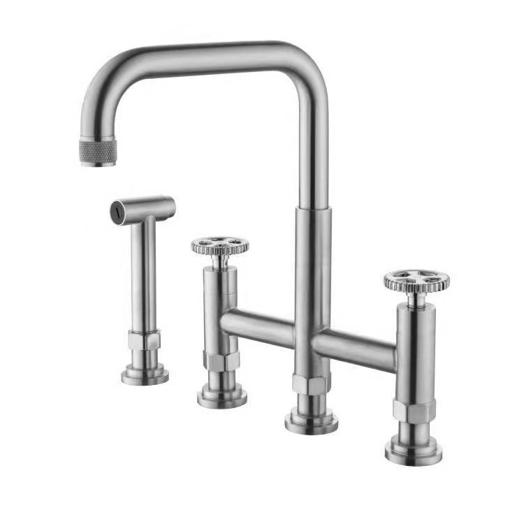 English Cottage Style Brass Two Handles Bridge Kitchen Faucet with Side Sprayer