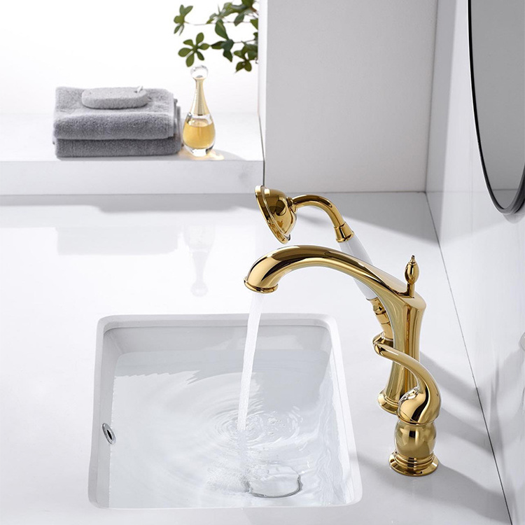 Bathroom Three Hole Pull Out Basin Mixer Faucet