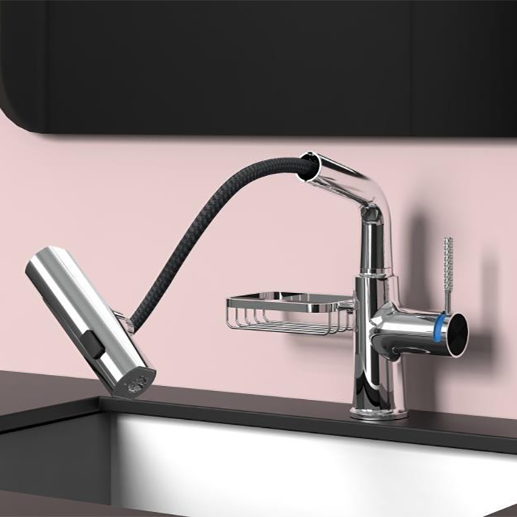 Kaiping Manufacturer New Zinc Alloy Pull Out Bathroom Vanity Faucets Taps Mixers with Sponge Holder