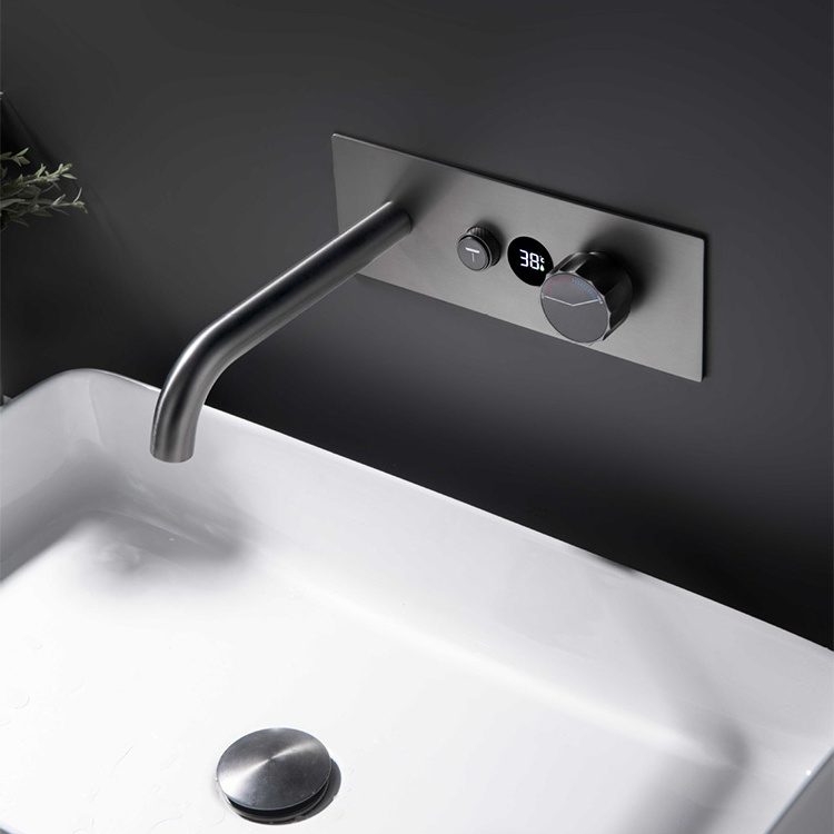 Gun Metal Grey Wall Mount Concealed Thermostatic Digital Bathroom Basin Sink Faucet