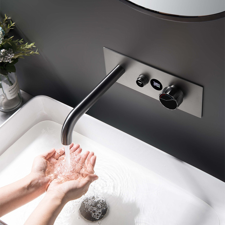 Gun Metal Grey Wall Mount Concealed Thermostatic Digital Bathroom Basin Sink Faucet