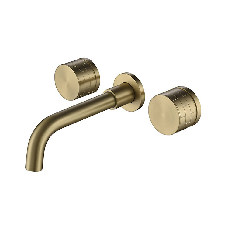 Brushed Gold Wall Mounted Concealed 3 Hole Double Handle Bathroom Washbasin Basin Faucet