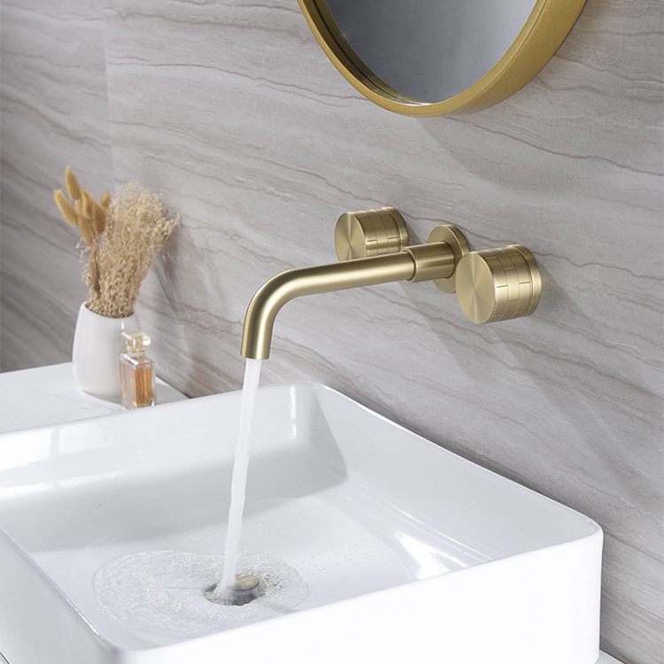 Brushed Gold Wall Mounted Concealed 3 Hole Double Handle Bathroom Washbasin Basin Faucet