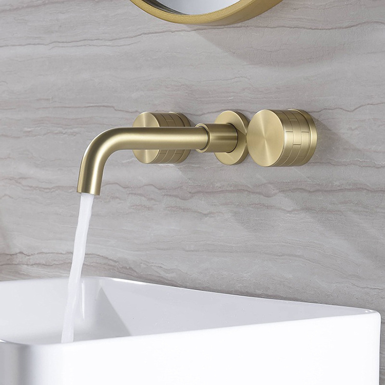 Brushed Gold Wall Mounted Concealed 3 Hole Double Handle Bathroom Washbasin Basin Faucet