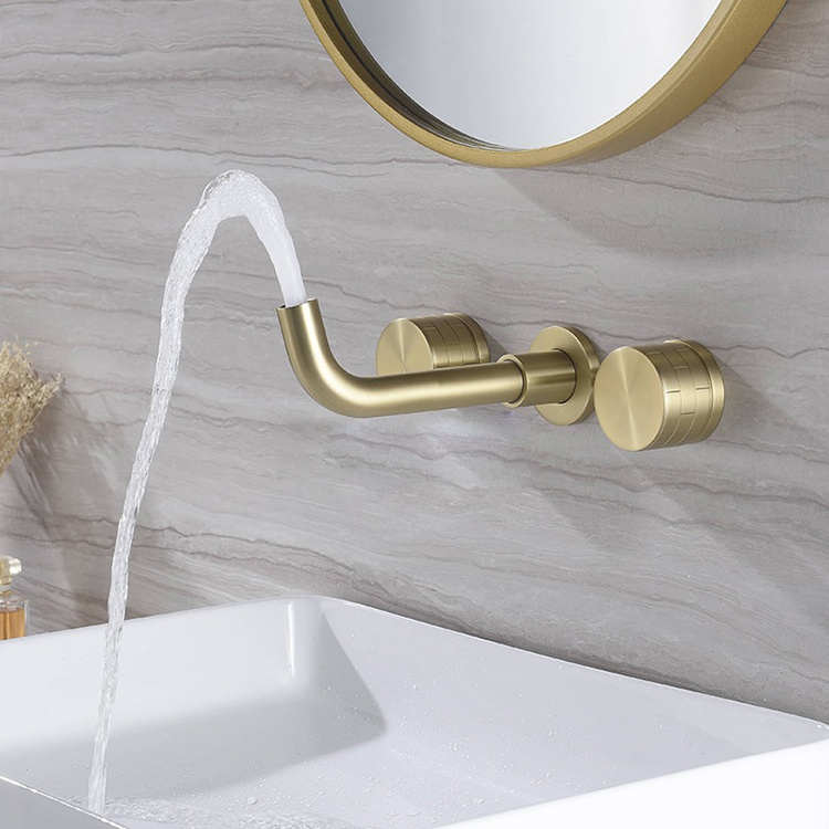 Brushed Gold Wall Mounted Concealed 3 Hole Double Handle Bathroom Washbasin Basin Faucet