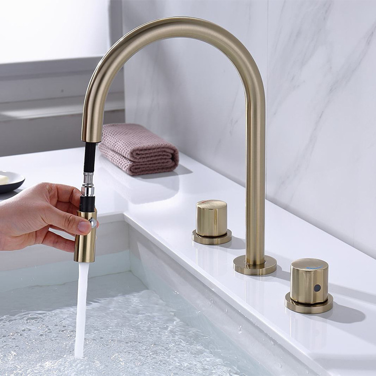 2 Handle 3 Hole Widespread Retractable Basin Faucet Tap for Bathroom Sink