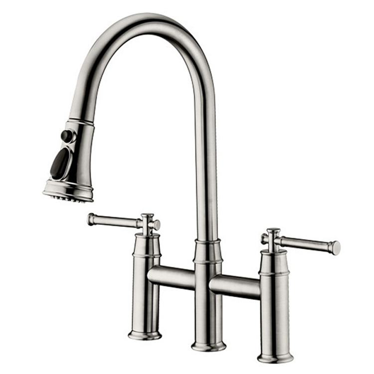 English Cottage Style Brass 3 Holes Dual Handle Bridge Kitchen Faucet Mixer with Pull Down Sprayer