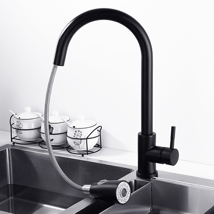 Matte Black Stainless Steel Swivel Kitchen Sink Faucets with Pull Out Spout