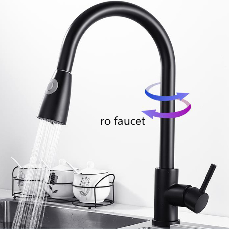 Matte Black Stainless Steel Swivel Kitchen Sink Faucets with Pull Out Spout