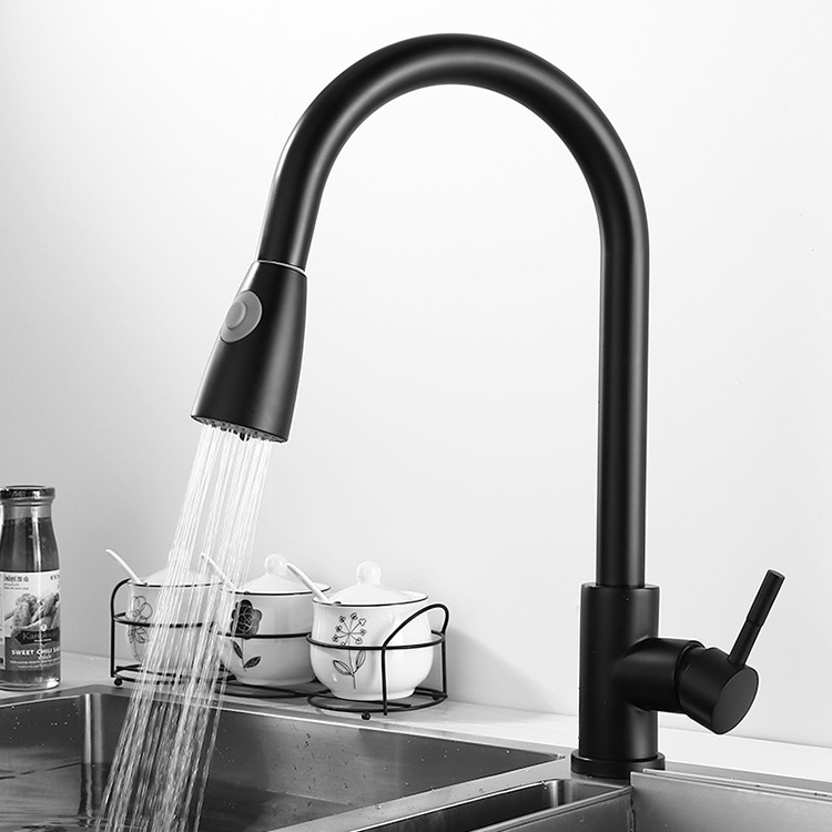 Matte Black Stainless Steel Swivel Kitchen Sink Faucets with Pull Out Spout