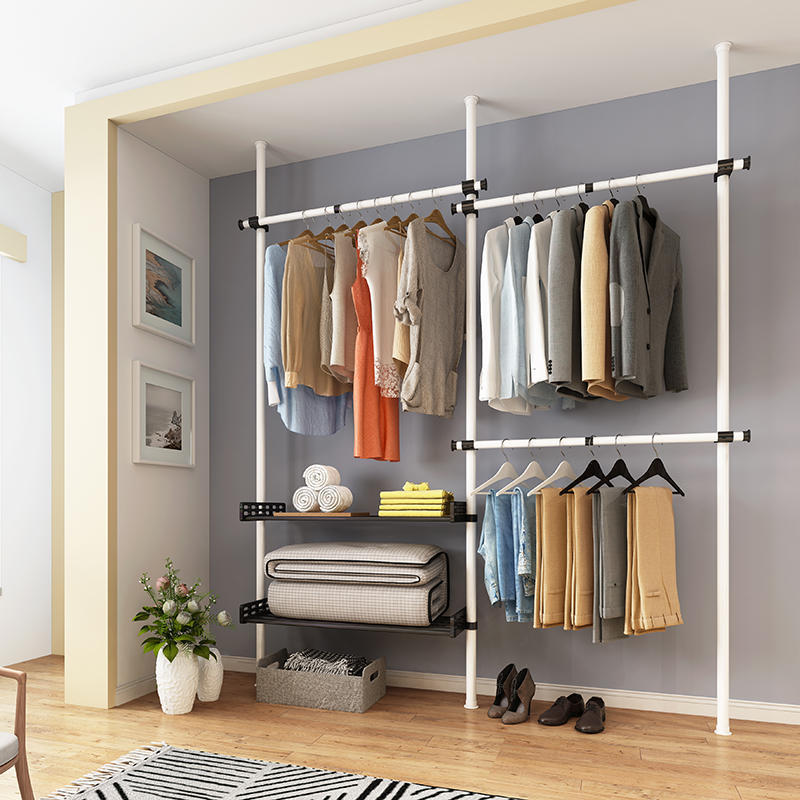 Space saving White Portable Wardrobe Closets Modern tension Rod assemble Closet System Corner Open Wardrobe