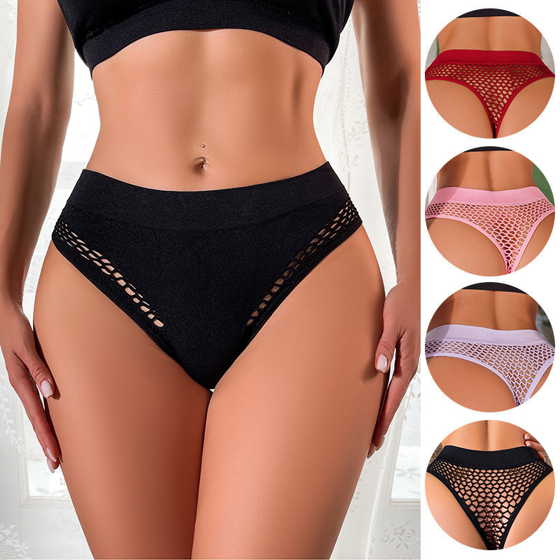 Women Mesh Thongs 4 Colors Hollow Out Comfortable Cotton Bottom Crotch Seamless Solid Lady Sexy Fishing net Black Thong Panties