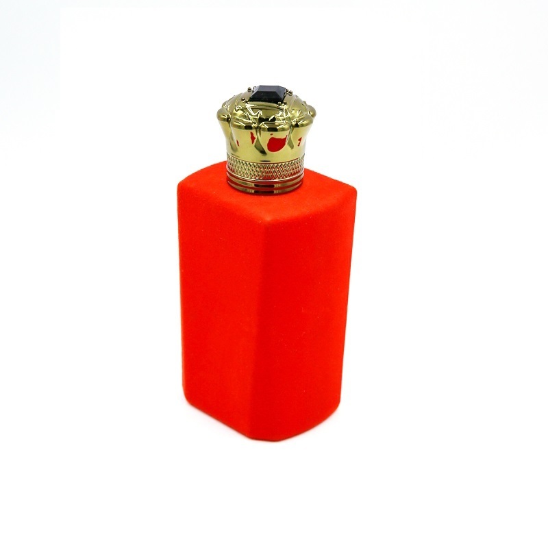 Customized wholesale 2022 popular square red flocking craft glass perfume bottle