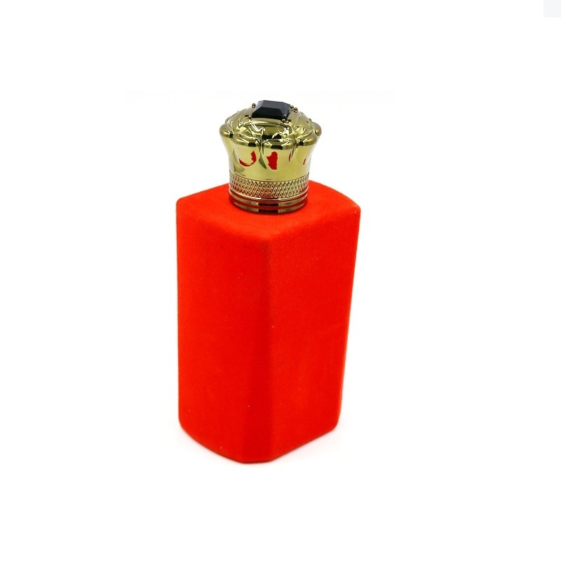 Customized wholesale 2022 popular square red flocking craft glass perfume bottle