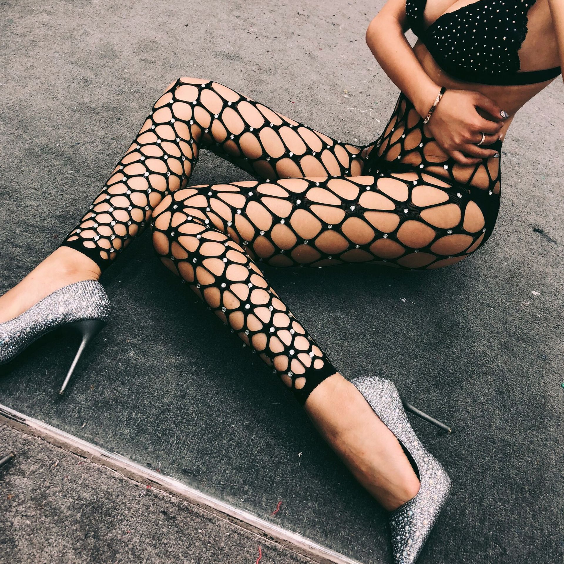 Designer Luxury Women Fashion Sexy Mature Plus Size Fishnet Rhinestone Diamond Bling Black Thigh High Fish Net Lingerie Stocking