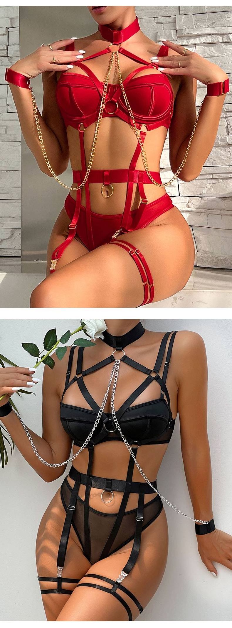 Women Erotic Club Wear Hollow Out Mesh 4 Piece Set Female Black Bandage Chain Women's Sexy Lingerie