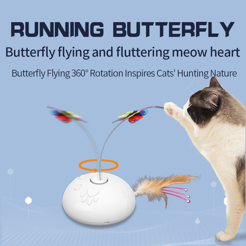 Automatic Interactive Cat Spring Toy Fluttering Butterfly Moving Wheels LED Light Feather Kitten Toy for Indoor Cats