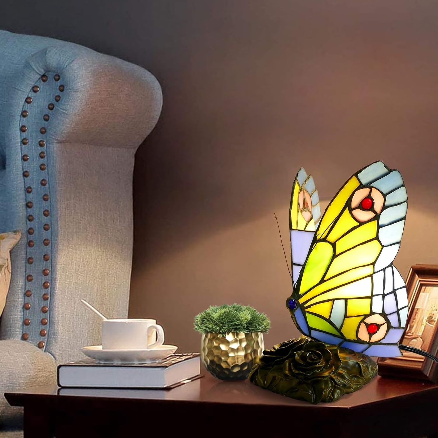 Butterfly Tiffany Style Stained Glass Table Lamp Vintage Table Lamp Night Light,  LED Bulb Included, for Home Room Decor, Gift