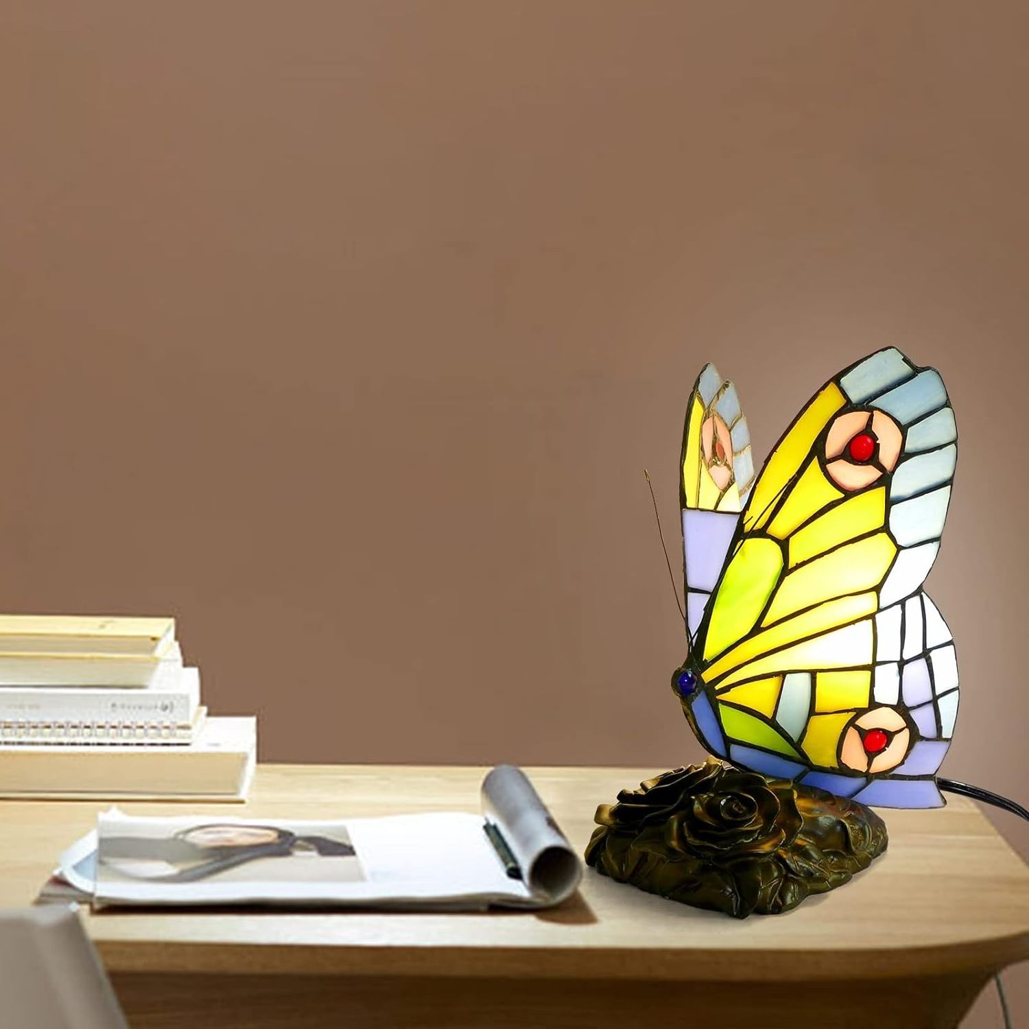 Butterfly Tiffany Style Stained Glass Table Lamp Vintage Table Lamp Night Light,  LED Bulb Included, for Home Room Decor, Gift