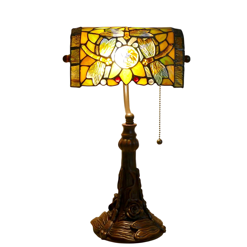 Rose Flower Dragonfly Bankers Lamp Antique Stained Glass Banker Table Lamp with Pull Chain, Vintage Desk Lamp for Home Office