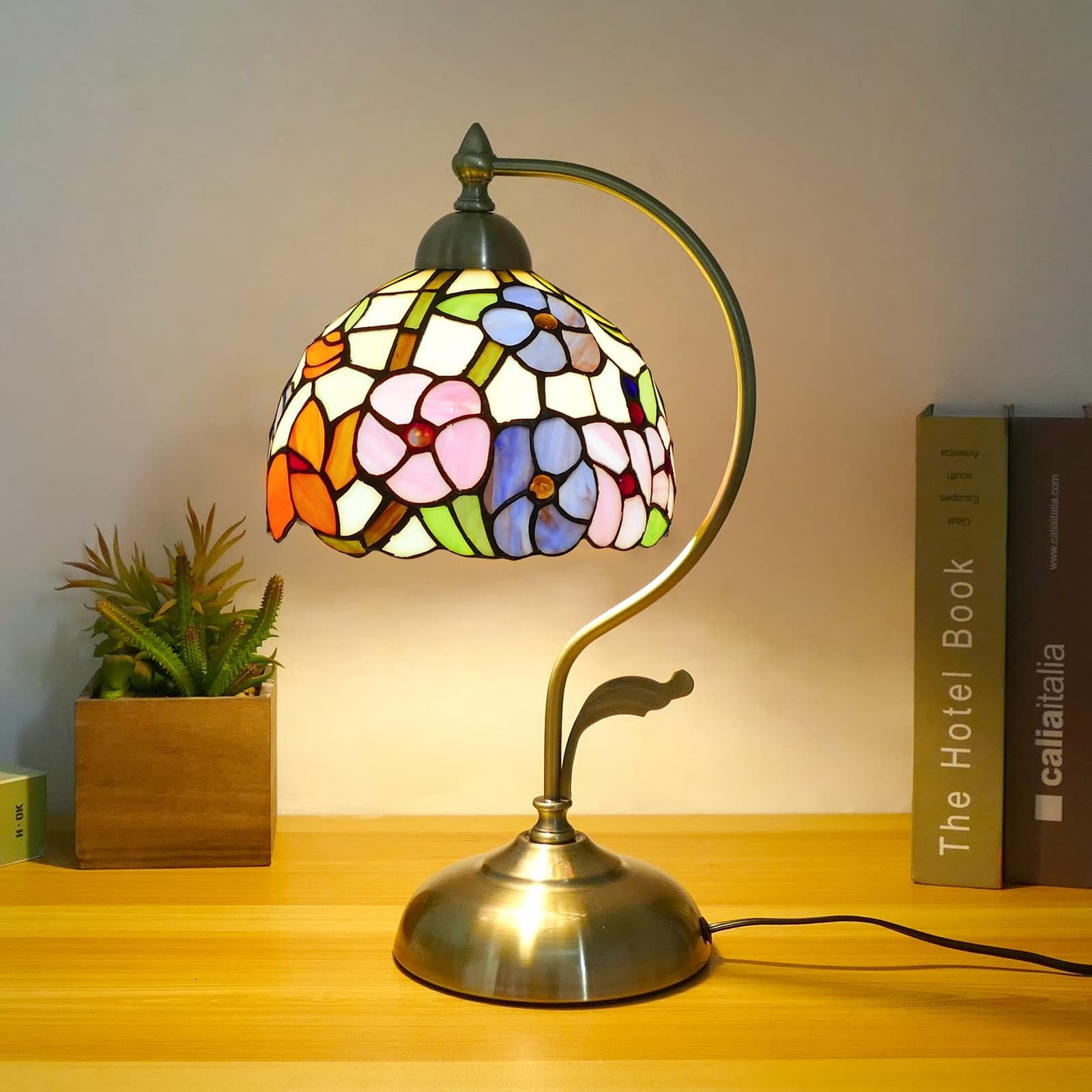 Tiffany Style Baroque Handmade Stained Glass Desk Lamps Gifts With Metal Leaf Iron Base Vintage Curved Morning Glory Flower Lamp