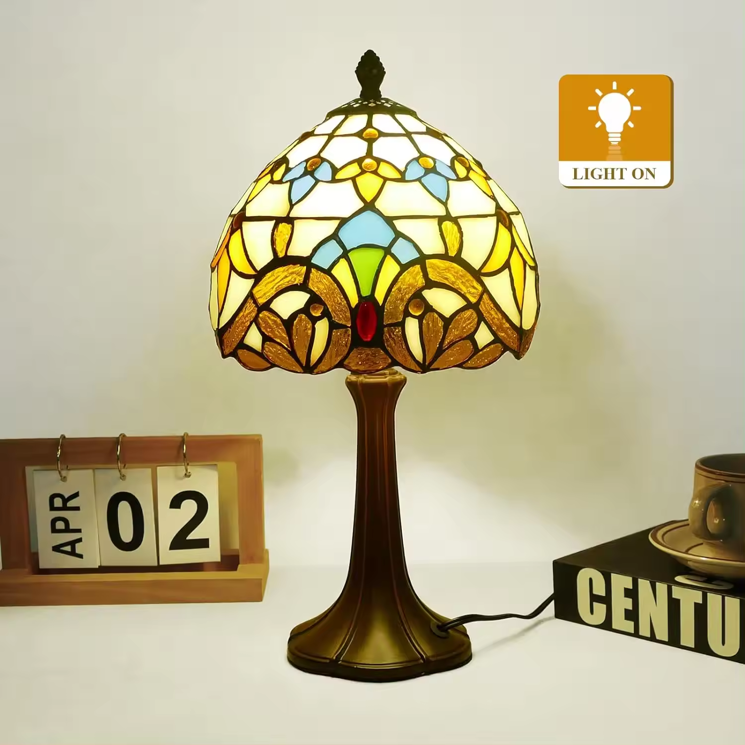 Tiffany Beige Baroque Vintage Bedside Table Lamp Night Light Stained Glass Antique Art Craft Gifts Vintage Reading Lamp