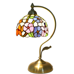 Tiffany Style Baroque Handmade Stained Glass Desk Lamps Gifts With Metal Leaf Iron Base Vintage Curved Morning Glory Flower Lamp