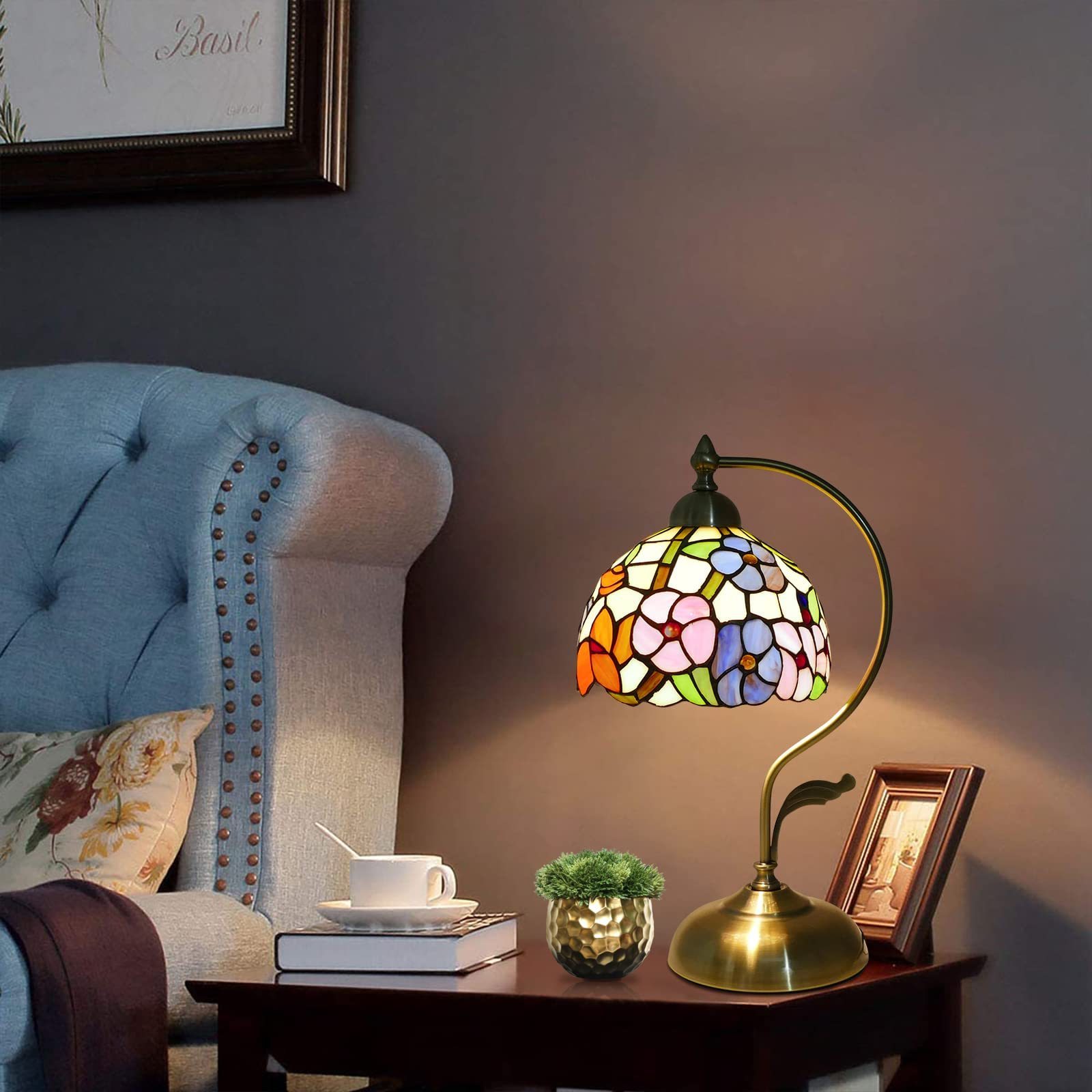 Tiffany Style Baroque Handmade Stained Glass Desk Lamps Gifts With Metal Leaf Iron Base Vintage Curved Morning Glory Flower Lamp