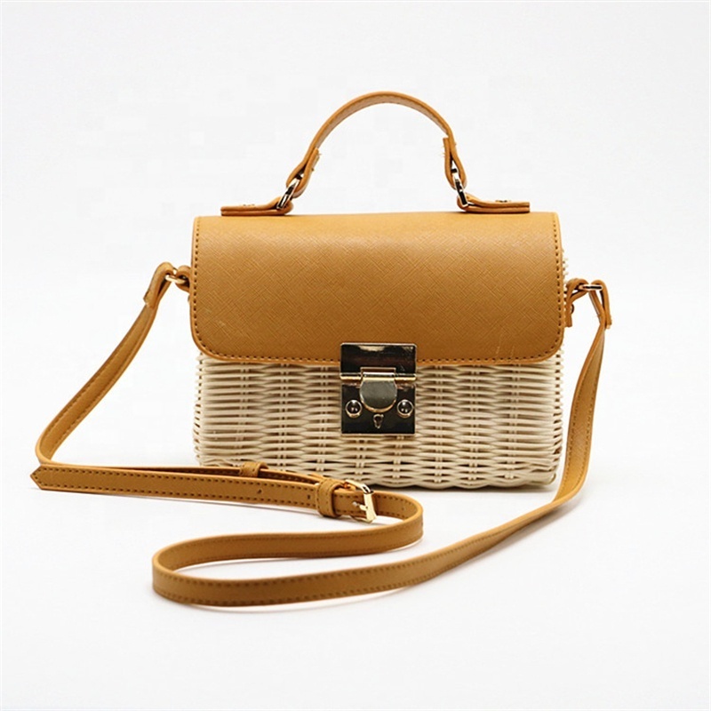 Natural straw rattan hand woven handbag with PU handle summer beach raffia wicker plaited women shoulder bag with metal lock