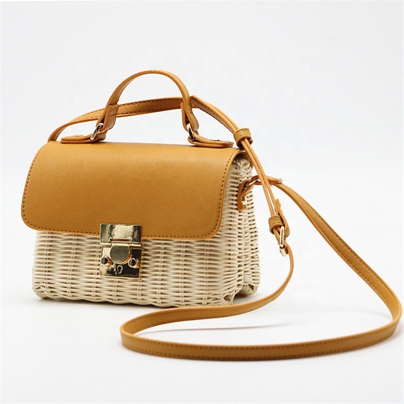 Natural straw rattan hand woven handbag with PU handle summer beach raffia wicker plaited women shoulder bag with metal lock