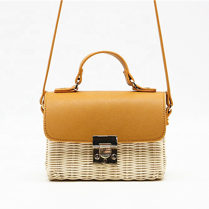 Natural straw rattan hand woven handbag with PU handle summer beach raffia wicker plaited women shoulder bag with metal lock