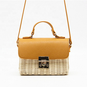 Natural straw rattan hand woven handbag with PU handle summer beach raffia wicker plaited women shoulder bag with metal lock