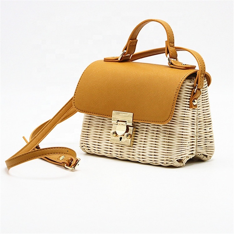 Natural straw rattan hand woven handbag with PU handle summer beach raffia wicker plaited women shoulder bag with metal lock