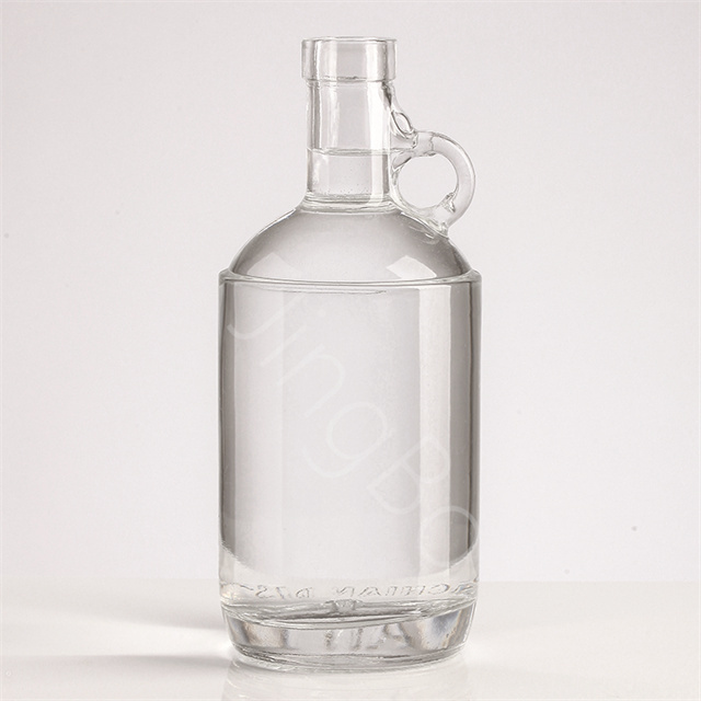 Customized Moonshine Jug 750ml Spirit Whisky Vodka Brandy Liquor Clear Glass Bottle With Single Finger Pistol Grip Handle