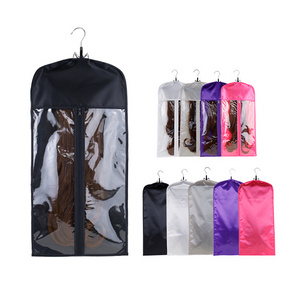 Custom Printed Logo Personalised Satin Silk Plastic Clear Wig Packaging Tote Bag  Storage Hair Bags with Hanger Zipper for Wigs