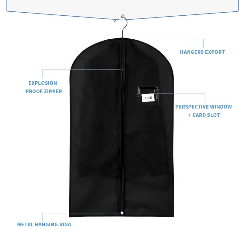 Black Non-woven Garment Bag Breathable Dust Suit Zipper Bag With Perspective Window Card Slot Clothing Bag