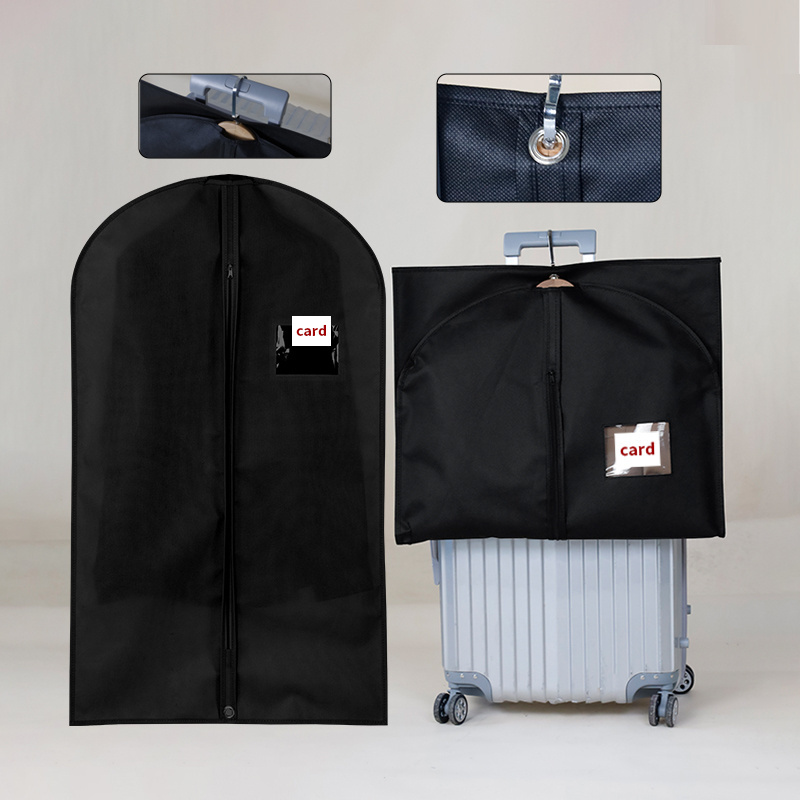 Black Non-woven Garment Bag Breathable Dust Suit Zipper Bag With Perspective Window Card Slot Clothing Bag