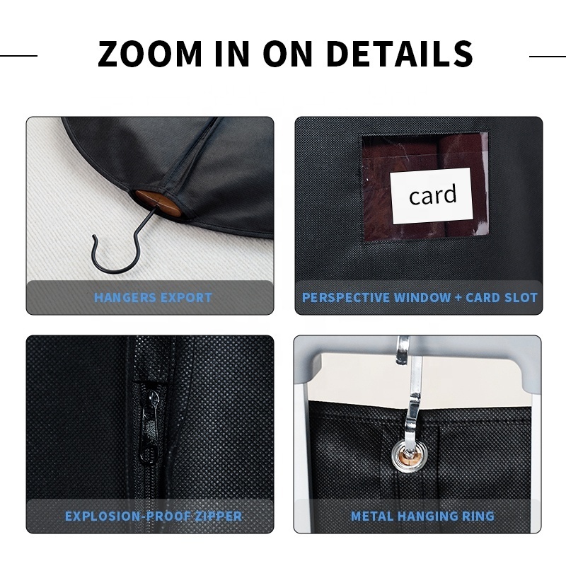 Black Non-woven Garment Bag Breathable Dust Suit Zipper Bag With Perspective Window Card Slot Clothing Bag