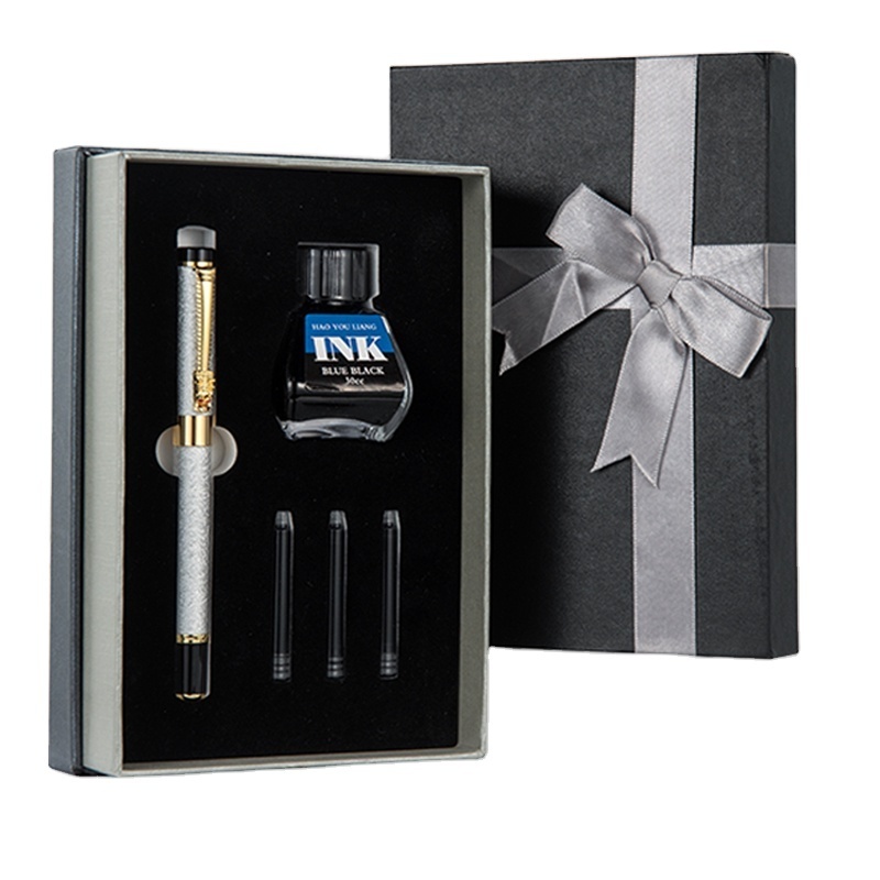 Luxury metal fountain pen set with ink gift box package business gift fountain pen with cartridge