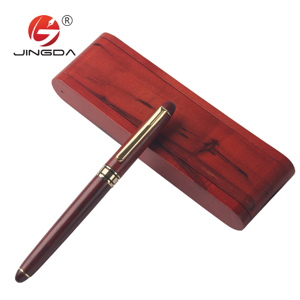 Promotional brand logo gift red wood roller ball pen set with red wooden box