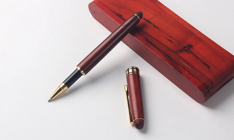 Promotional brand logo gift red wood roller ball pen set with red wooden box