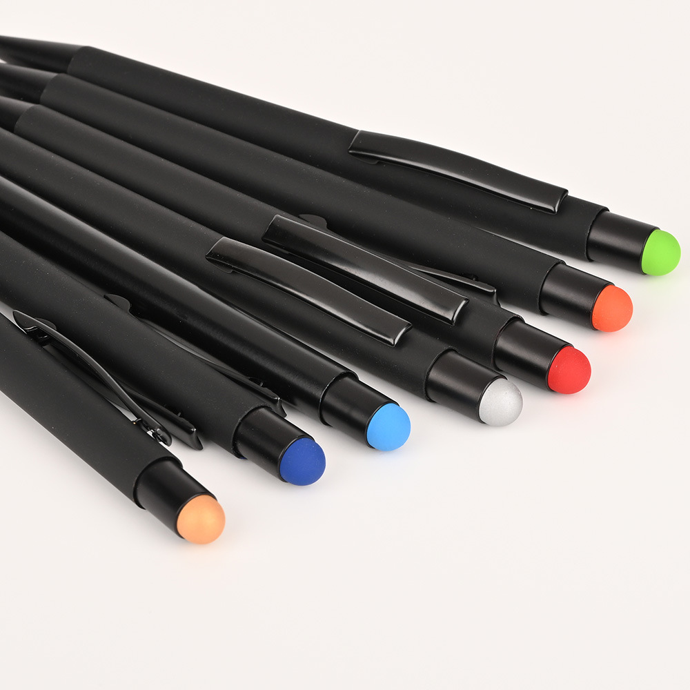 Custom logo matte black  metal ballpoint pen with color full  stylus  printing stylus promotional touch metal ball pen