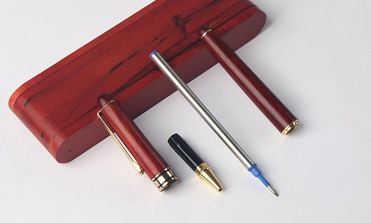 Promotional brand logo gift red wood roller ball pen set with red wooden box