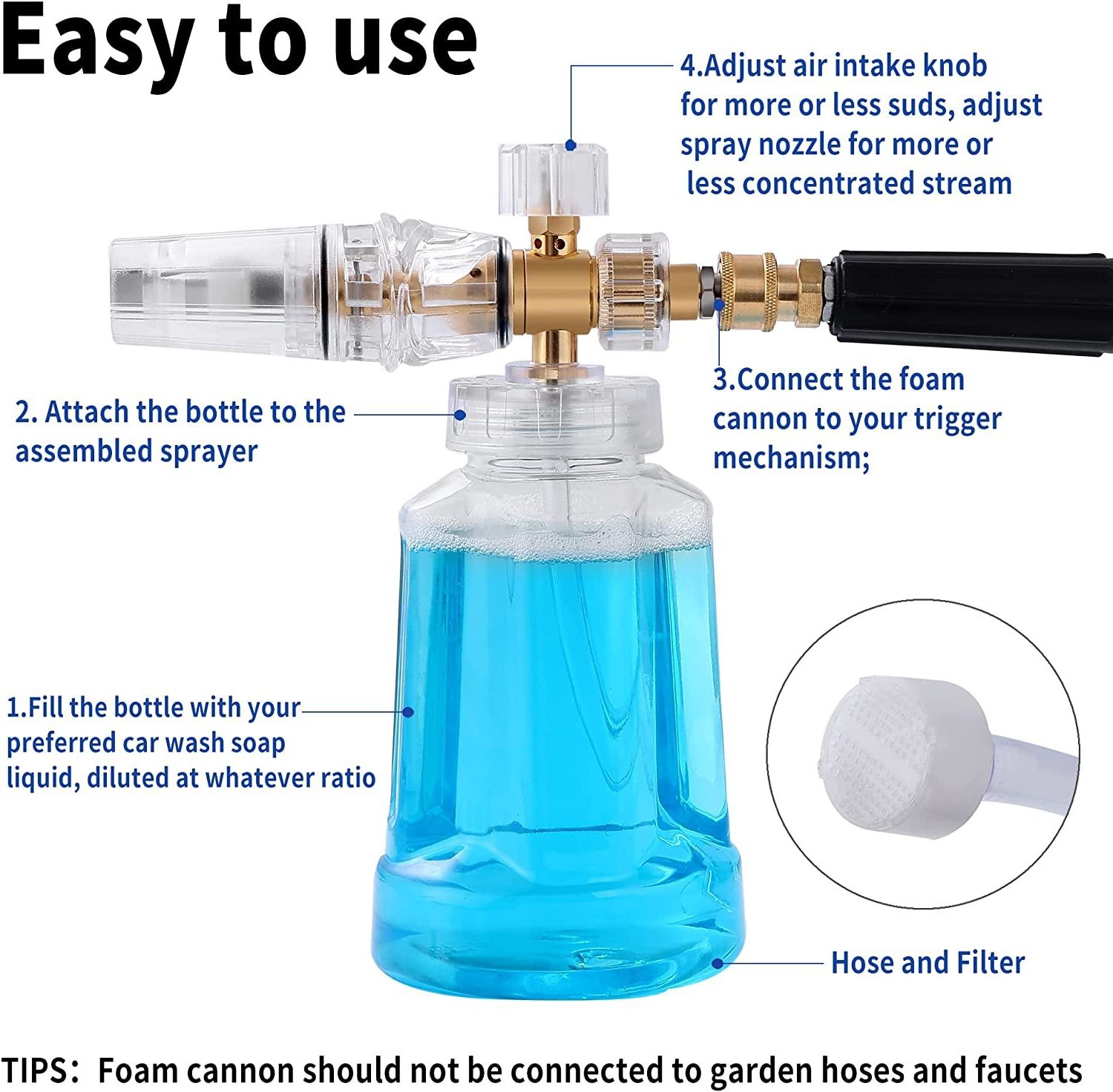 Foam Cannon - Pressure Washer Gun with 1/4 Inch Quick Connect and Adjustable Nozzle Car Wash Sprayer with 1 L Bottle