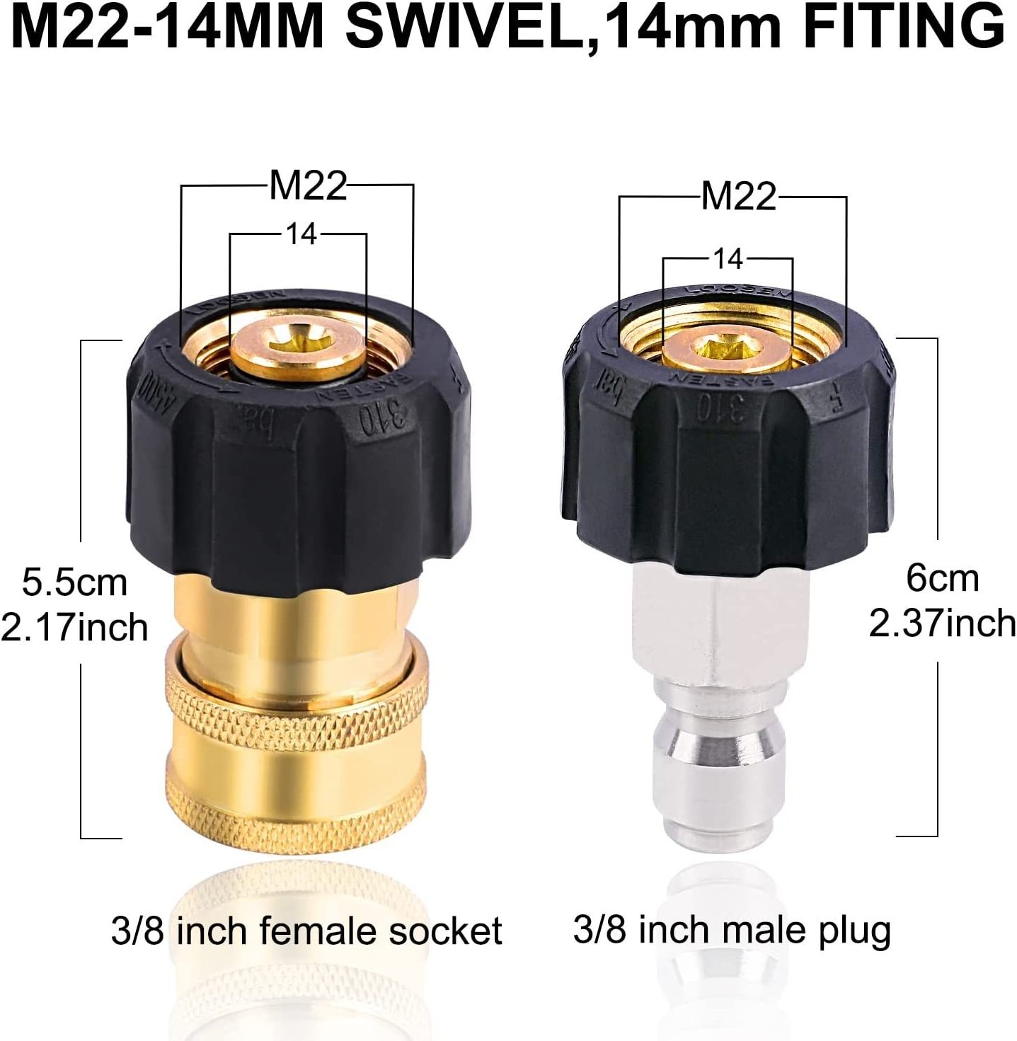 Pressure Washer Adapter Set, M22 14mm to 3/8 inch Quick Connect and Disconnect Fitting, 4500PSI