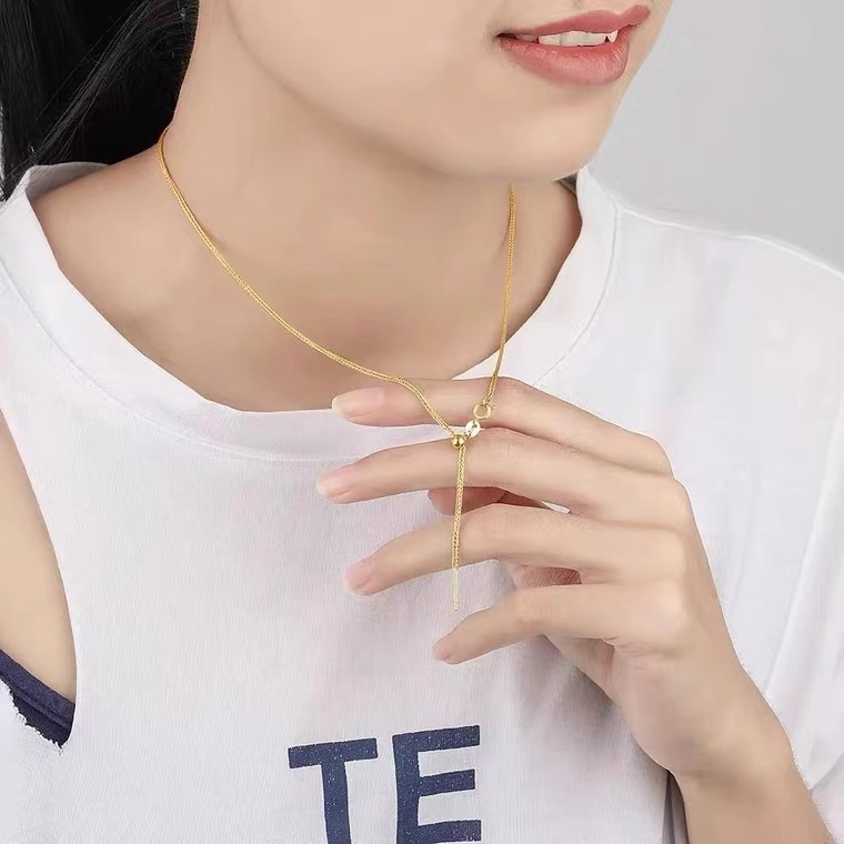 Chain DIY Sliding Bead foe Length Sweater  Adjustable Chain 18K Gold Plated 316L Stainless Steel Fine Statement Necklace Jewelry