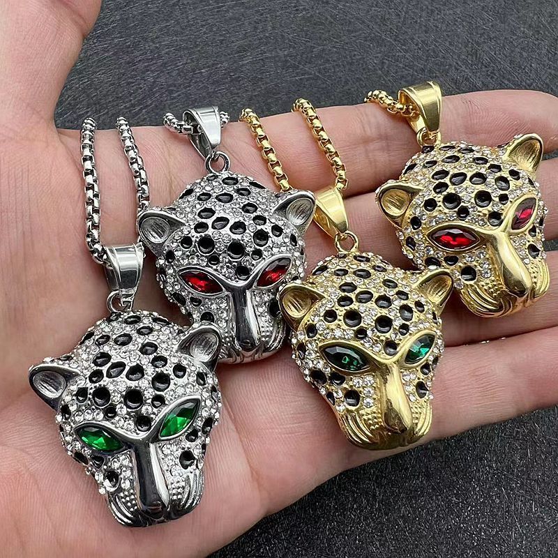 Hiphop Jewelry pendant 18K Gold Plated Cubic Zirconia 3D Panther Head Pendant Stainless Steel Animal Leopard Necklace for Gifts