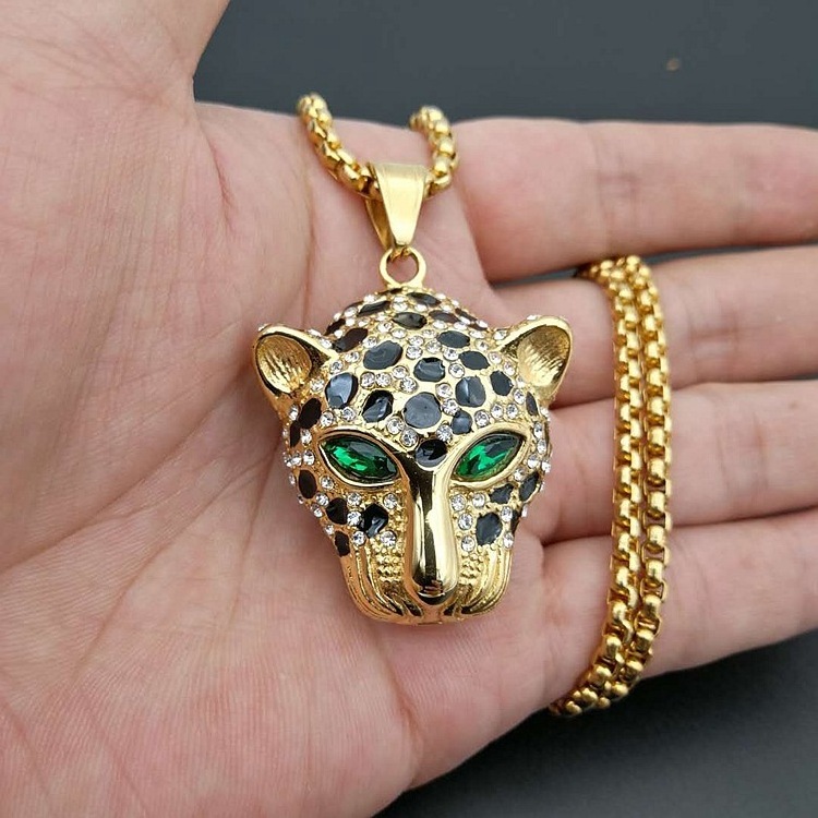 Hiphop Jewelry pendant 18K Gold Plated Cubic Zirconia 3D Panther Head Pendant Stainless Steel Animal Leopard Necklace for Gifts