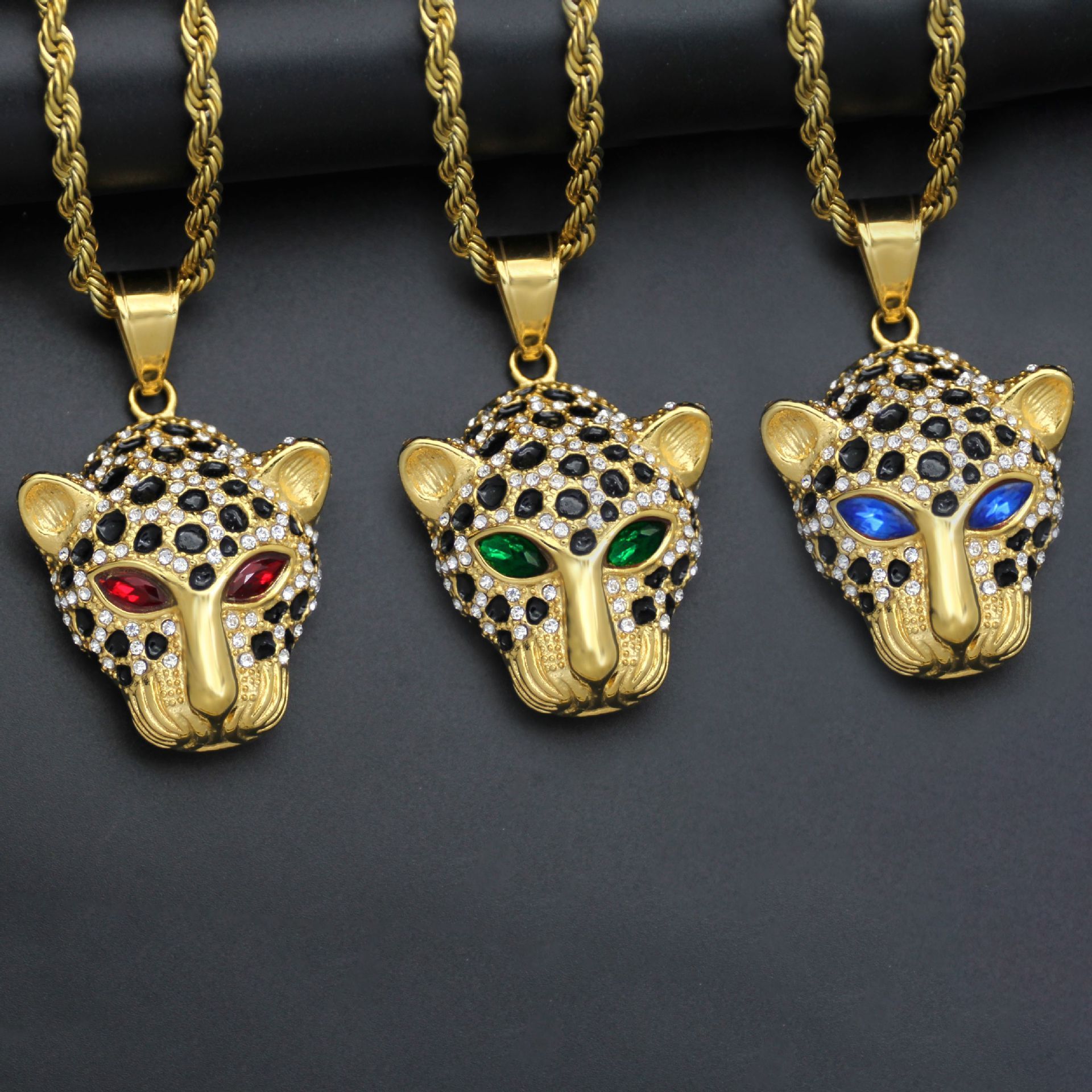 Hiphop Jewelry pendant 18K Gold Plated Cubic Zirconia 3D Panther Head Pendant Stainless Steel Animal Leopard Necklace for Gifts